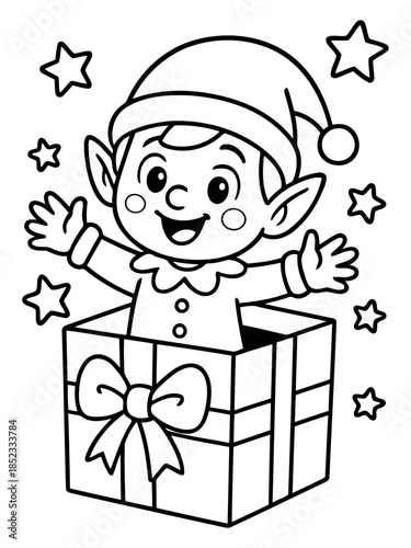 Enchanting Elf in a Gift Box: A cheerful elf, with pointed ears and a jolly demeanor, springs joyfully from a festively wrapped gift, surrounded by twinkling stars.