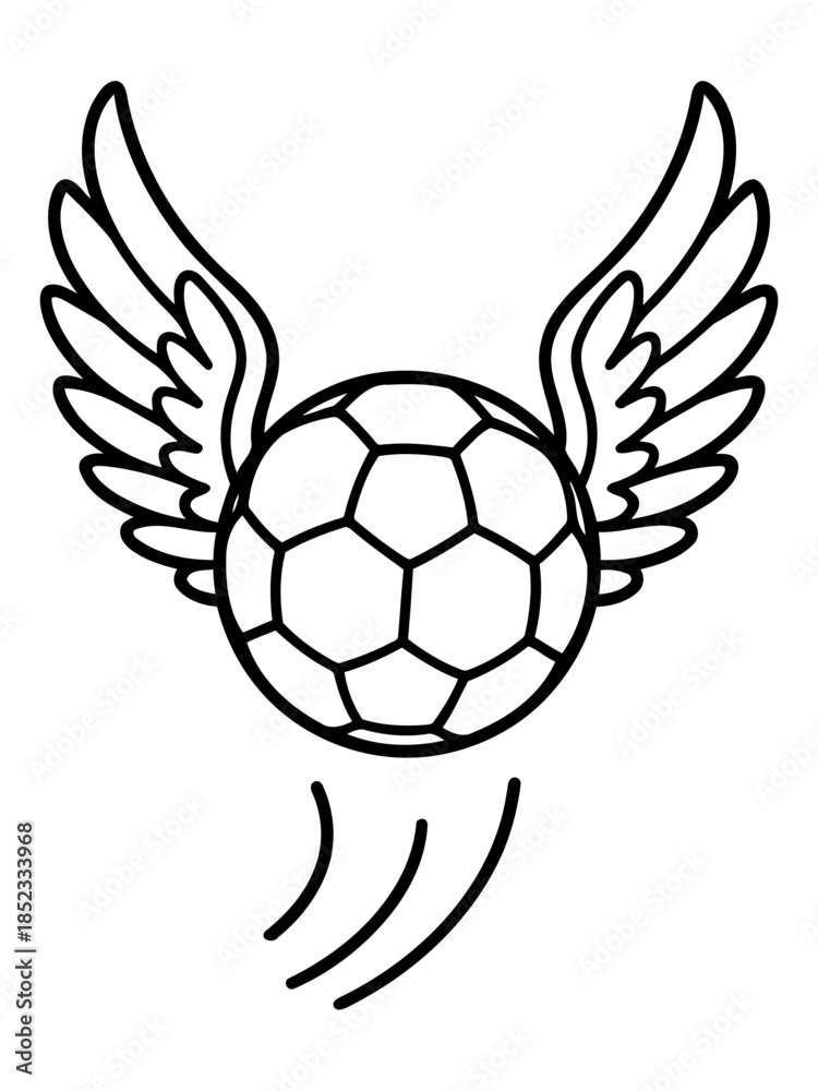 Fototapeta premium Winged Ball: A graphic illustration of a sports ball with wings, symbolizing movement and flight. A dynamic, stylized artwork of a soccer ball embellished with avian wings.