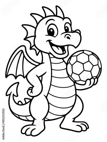 Dragon and Soccer Ball: A charming cartoon dragon with an encouraging smile poses proudly with a soccer ball, symbolizing playful sportsmanship and fantasy.