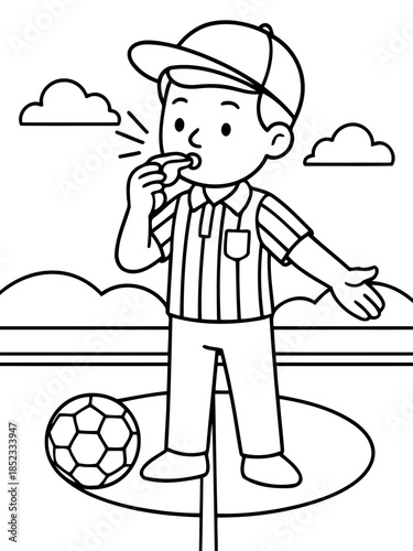 Soccer Referee Whistling: An outline illustration of a soccer referee with a whistle. The referee is standing near a soccer ball.
