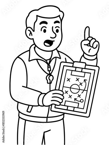 Tactical Game Plan: An illustration of a determined coach, pointing out strategic moves on a game board, epitomizing the planning and execution. 