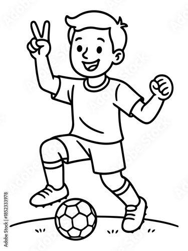 Soccer Player's Triumph: A youthful soccer player, radiating joy and triumph, is captured in mid-action, skillfully maneuvering a soccer ball with a triumphant pose. A symbol of youth, sportsmanship.