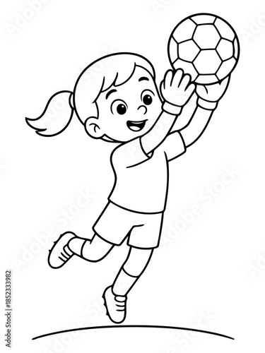 Goalkeeper's Leap: A spirited young goalie leaps through the air, eyes fixed on the soccer ball as she clutches it in her grasp, embodying agility and determination.