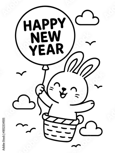 Happy New Year Bunny in the Sky: An adorable bunny floats serenely amidst the clouds, a joyous balloon proclaims Happy New Year, heralding new beginnings and delightful celebrations.