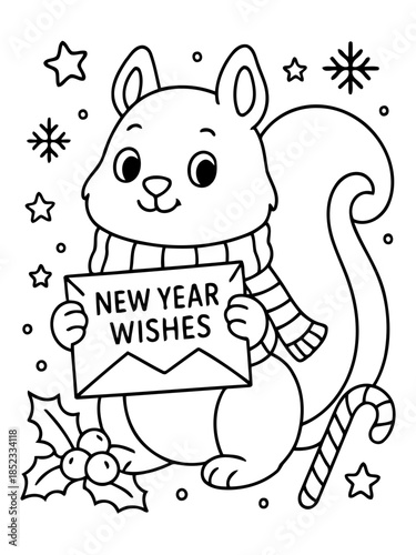 Whimsical New Year Wishes: An adorable squirrel, adorned with a cozy scarf, joyfully presents a sign conveying New Year wishes, encircled by festive snowflakes and charming holiday elements.