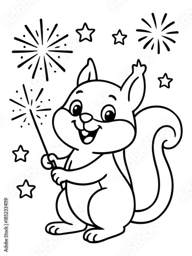 Whimsical Squirrel's Fireworks: A cheerful squirrel, holding a sparkling wand, ignites a burst of festive fireworks and stars, a charming scene of joy and celebration.