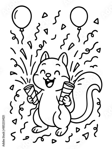 Festive Squirrel Celebration: An adorable, cartoon-style squirrel beams with joy amid a flurry of celebratory confetti, balloons, and party poppers. A perfect emblem for joyous occasion.