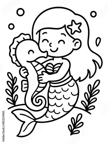 Mermaid's Serenade: A sweet mermaid, crowned with a starfish, tenderly embraces a charming seahorse, illustrating the enchanting connection between the ocean's wonders and its gentle guardians.