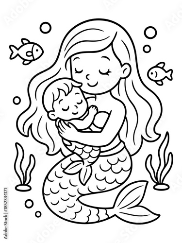 Oceanic Embrace: A tender illustration of a mermaid cradling her infant, surrounded by gentle marine life and bubbles, symbolizing the deep bond of maternal love and the tranquility of the sea.
