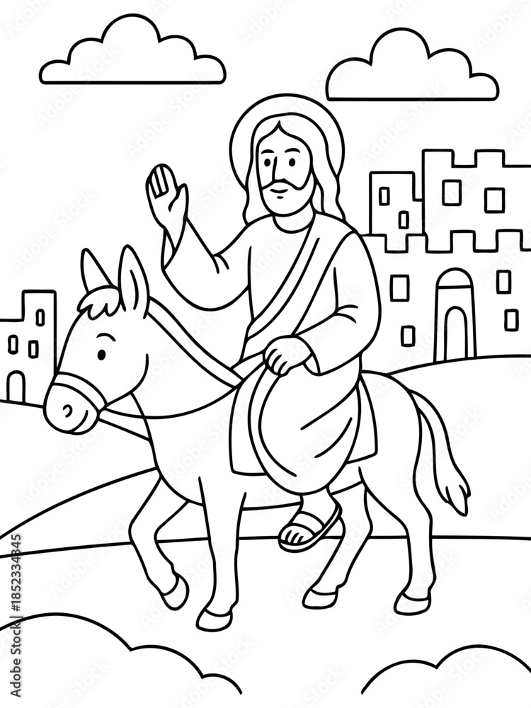 Fototapeta premium Drawing of a Figure on a Donkey: The drawing depicts a saintly figure riding a donkey in a biblical scene, possibly symbolizing a momentous entry into a town, accompanied by a celestial halo.