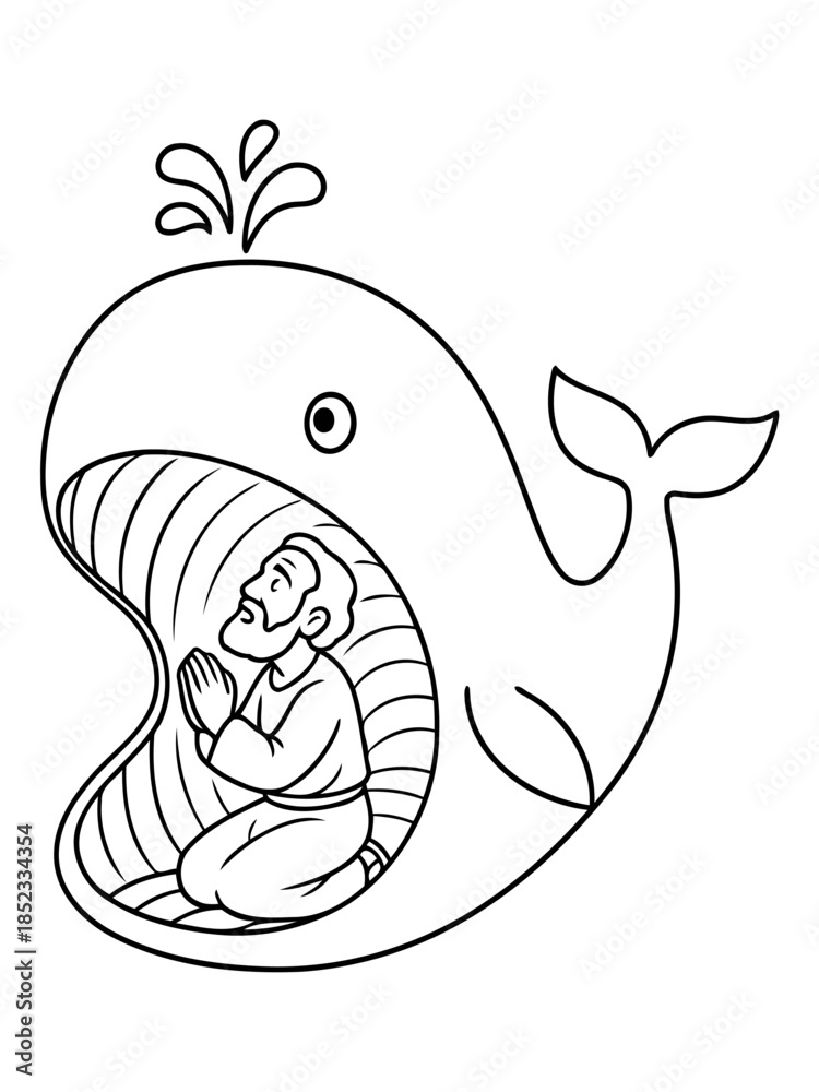 Obraz premium The Man and the Whale: A serene portrayal of a man finding solace within the belly of a whale, rendered in a simplified yet emotive style.