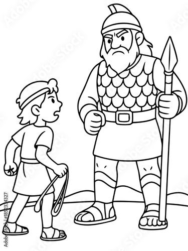 David vs Goliath: A classic Biblical scene unfolds, portraying the moment of confrontation between the young David and the imposing Goliath.