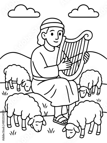 Shepherd playing Harp: A young shepherd serenades his flock of sheep with the gentle strum of a harp amidst rolling hills and fluffy clouds. This scene embodies tranquility and pastoral charm.