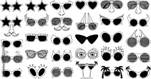 Black and White Line Art Vector of Fun Novelty Sunglasses and Party Accessories