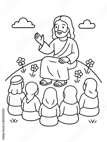 Religious Discourse Illustration: A line-art illustration depicts a religious figure engaging with a group of listeners, set against a backdrop of simple natural elements. 