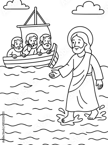 Walking on Water Illustration: A symbolic illustration depicts a central figure walking serenely upon the water toward a boat carrying other figures. The sky is dotted with gentle clouds.