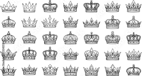 Royalty and Luxury Black  White Line Art Collection: Hand-drawn Outline Vector Set of Various Crowns and Tiaras. Elegant Regal Headwear Icons for Monarchy, Achievement, and Celebration Designs.
