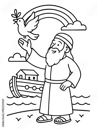 Peaceful Revelation: A historical drawing depicting a pivotal moment of peace, an dove bearing a symbolic olive branch, a rainbow arcs across a serene sky and a figure.