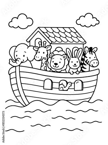 Noah's Ark: A black-and-white illustration of Noah's Ark, with a variety of animals on board and clouds above, evoking a sense of storytelling.