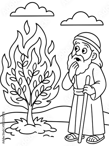 Burning Bush: A divine scene unfolds as a figure witnesses a bush consumed by flames, capturing the moment of spiritual significance and awe.