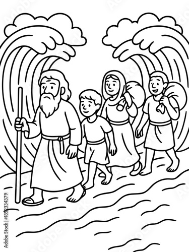 Passage Through the Waters: An illustration depicts a religious scene of a group of people traversing through a parting sea, with each step a testament to faith and divine protection.