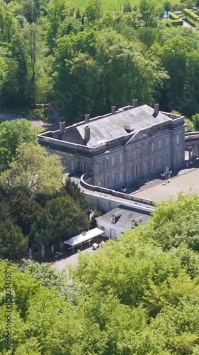 magnificent buildings parks ponds château seneffe architecture nature creates to left right pans aerial drone view of de belgium 