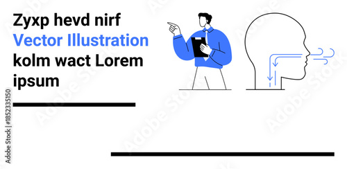 Healthcare, medical training, respiratory science, health education, anatomy studies, wellness. Professional pointing toward respiratory anatomy illustration. Healthcare and medical training concepts