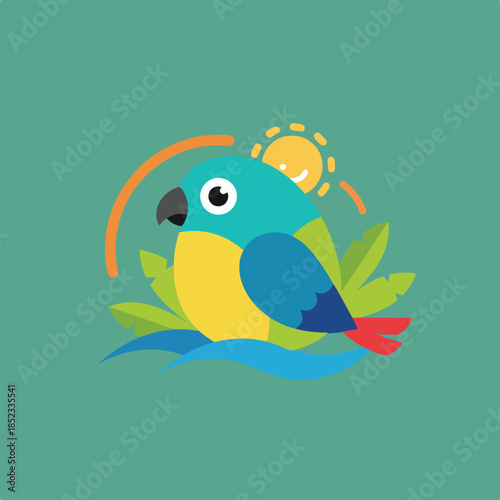 A vibrant cartoon parrot with blue, yellow, and red feathers sits among green leaves and blue water, under an orange sun on a teal background.
