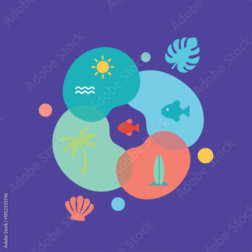 A vibrant, abstract illustration of summer and beach elements like the sun, waves, fish, palm tree, surfboard, and seashell on a purple background.