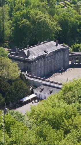 magnificent structures parks ponds château seneffe visitors grounds surrounding green areas create vibrant to left right pans aerial drone of de belgium 