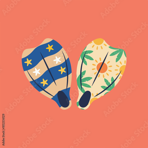 Two playful swimming fins, one with stars and stripes, the other with tropical suns and palm leaves, on a vibrant coral background.