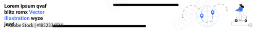 Logistics, delivery services, navigation, location tracking, transportation, e-commerce. Person riding a scooter with a global map and route. Logistics and delivery services concepts