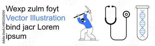 Labor, medicine, genetics, research, healthcare, biology. A worker breaking ground, a stethoscope and a DNA test tube are . Labor and medicine explored with striking visual elements