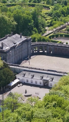 main buildings structures château seneffe along parks ponds visitors walking grounds contribute lively to left right pans aerial of de belgium 