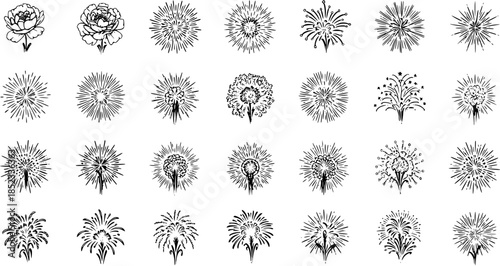 Hand-Drawn Black and White Line Art Set of Celebration Fireworks, Exploding Star Bursts, and Floral Dandelion Illustrations