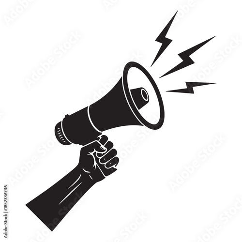 Strong hand holding a megaphone, symbolizing public protest and human rights advocacy