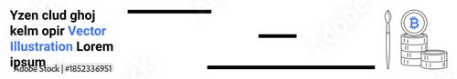 Cryptocurrency, blockchain finance, digital economy, investment technology, fintech, monetary concepts. A stack of Bitcoin coins alongside text and graphic features. Cryptocurrency and blockchain