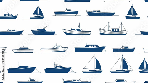 Seamless pattern of various sailboats and motorboats in dark blue and white on a clean white background.