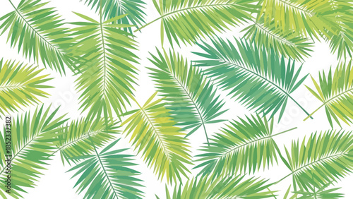 Vibrant green palm fronds arranged against a clean white background in a flat lay composition with a natural and calming mood.