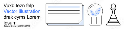 Business organization, thoughtful planning, decorative design ideas, workplace communication, motivation, presentation visuals. A notecard, snow globe and chess piece in clean vector style. Business