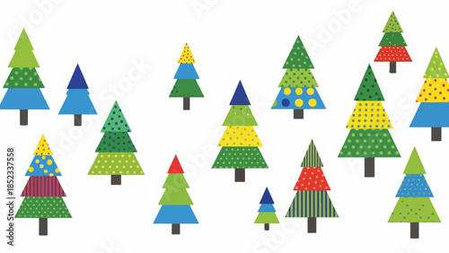 Colorful illustration of multiple patterned Christmas trees on a white background with various shapes and designs.