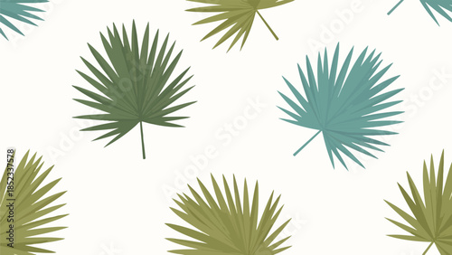 Palm fronds in various green hues on a white background with a flat lay composition and calming color palette.