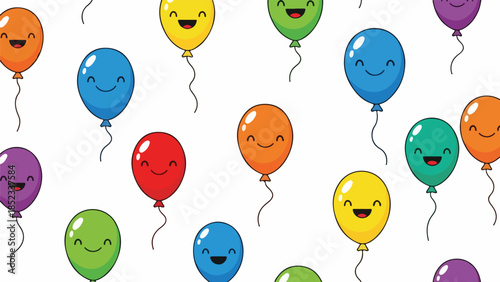 Colorful cartoon balloons with smiling faces floating against a white background in a joyful and playful composition.