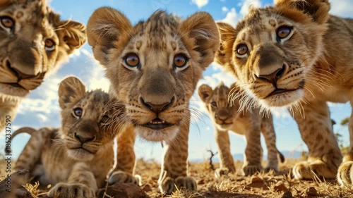 A group of young lions standing together with a clear blue sky and arid grassland background.