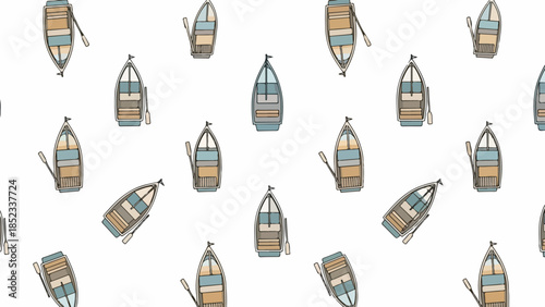 Seamless pattern of small colorful boats on a white background with a playful and nautical theme.