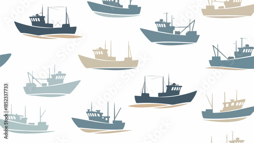Illustration of multiple fishing boats in various shades of blue and beige on a white background with a simple, flat design.