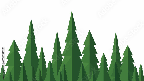 A graphic illustration of various green pine trees on a white background in a flat lay style with a natural and serene mood.