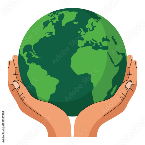 Two hands holding planet earth with green leaves emerging from top care.