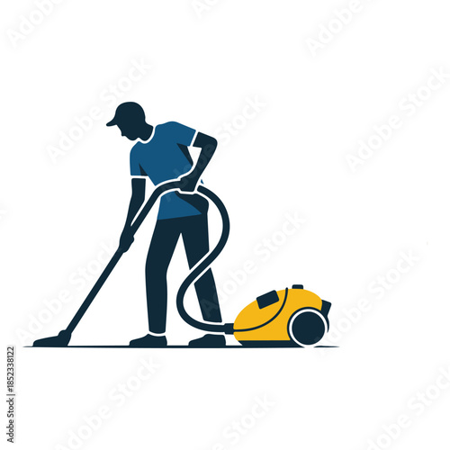 Person with blue shirt and cap vacuuming with yellow machine male cleaning.
