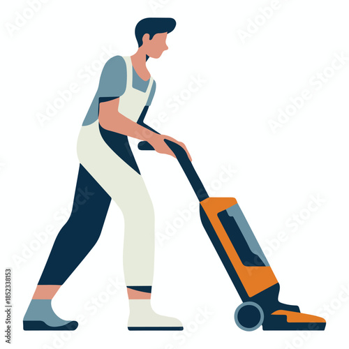 Person in apron vacuuming floor with orange and blue vacuum cleaner cleaning.